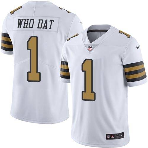 Nike Saints #1 Who Dat White Men's Stitched NFL Limited Rush Jersey - Click Image to Close